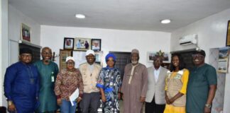 The Permanent Secretary, Lagos State Ministry of Agriculture, Mrs Ibironke Emokpae (C), Dr Abdulkareem Durosinlorun, Deputy Director,(Fourth Person from Right) FMARD, during the Courtesy Visit in Ikeja, Lagos State.