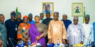 L-R: Permanent Secretary, Mr. Abel Olumuyiwa Enitan; Honourable Minister of State, Police Affairs Hajia Imaan Sulaima-Ibrahim; Honourable Minister of Police Affairs, Senator (Dr.) Ibrahim Gaidam and Executive Secretary, Nigeria Police Trust Fund (NPTF) Abdullahi Bala during the official briefing of the Ministers on the activities of the Nigeria Police Trust Fund (NPTF) by the Executive Secretary at the Ministry Headquarters in Abuja.