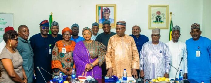 NPTF.jpeg3 (2) L-R: Permanent Secretary, Mr. Abel Olumuyiwa Enitan; Honourable Minister of State, Police Affairs Hajia Imaan Sulaima-Ibrahim; Honourable Minister of Police Affairs, Senator (Dr.) Ibrahim Gaidam and Executive Secretary, Nigeria Police Trust Fund (NPTF) Abdullahi Bala during the official briefing of the Ministers on the activities of the Nigeria Police Trust Fund (NPTF) by the Executive Secretary at the Ministry Headquarters in Abuja.