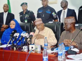 Minister of State, Hajia Imaan Suleiman-Ibrahim, Minister of Police Affairs, Senator Ibrahim Gaidam, Permanent Secretary, Mr. Abel Olumuyiwa Enita, and top management team during the assumption of duty of the Minister and Minister of State at the Ministry of Police Affairs Headquarters in Abuja.