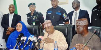 Minister of State, Hajia Imaan Suleiman-Ibrahim, Minister of Police Affairs, Senator Ibrahim Gaidam, Permanent Secretary, Mr. Abel Olumuyiwa Enita, and top management team during the assumption of duty of the Minister and Minister of State at the Ministry of Police Affairs Headquarters in Abuja.