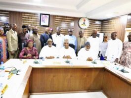 Occasion of Reception/Assumption of Office of Hon. Ministers: L-R: Dr. Mary Ogbe, Permanent Secretary; Hon.Minister for Solid Minerals Devpt. Mr Dele Alake; Hon.Minister for Steel Devpt.; Alhaji Shuaibu Audu; Hon. Minister of State, Steel Devpt. His Excellency, Alhaji Uba Maigari Ahmadu; with Management Staff of the Ministry.