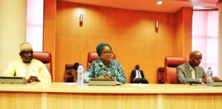 L-R: Ambassador Salisu Umar (Foreign Affairs Ministry); Dr. Mary Ogbe, Permanent Secretary, Ministry of Mines and Steel Devlpt.; addressing the Diplomatic Corps) and Ambassador Adamu Ibrahim Lamuwa, Permanent Secretary, Ministry of Foreign Affairs: during the briefing of the Diplomatic Community on the up coming Africa Natural Resources and Energy Investment Summit (2nd Edition AFNIS-2023), held at the Ministry of Foreign Affairs Headquarters, Abuja.