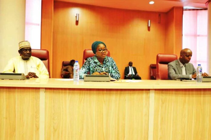 briefing of the Diplomatic Community L-R: Ambassador Salisu Umar (Foreign Affairs Ministry); Dr. Mary Ogbe, Permanent Secretary, Ministry of Mines and Steel Devlpt.; addressing the Diplomatic Corps) and Ambassador Adamu Ibrahim Lamuwa, Permanent Secretary, Ministry of Foreign Affairs: during the briefing of the Diplomatic Community on the up coming Africa Natural Resources and Energy Investment Summit (2nd Edition AFNIS-2023), held at the Ministry of Foreign Affairs Headquarters, Abuja.