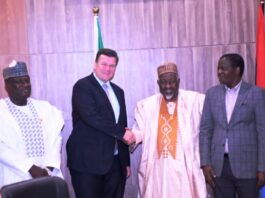 Minster of Defence, Alhaji Muhammed Badaru (2nd R), Minister of State Defence, Dr. Bello Matawalle (R), Permanent Secretary, Ministry of Defence, Dr Ibrahim Abubakar kana mni (L), United Kingdom Minister of Armed Forces, Mr. James Heappey during a courtesy visit to the Ministers of Defence in Ship House