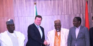 Minster of Defence, Alhaji Muhammed Badaru (2nd R), Minister of State Defence, Dr. Bello Matawalle (R), Permanent Secretary, Ministry of Defence, Dr Ibrahim Abubakar kana mni (L), United Kingdom Minister of Armed Forces, Mr. James Heappey during a courtesy visit to the Ministers of Defence in Ship House