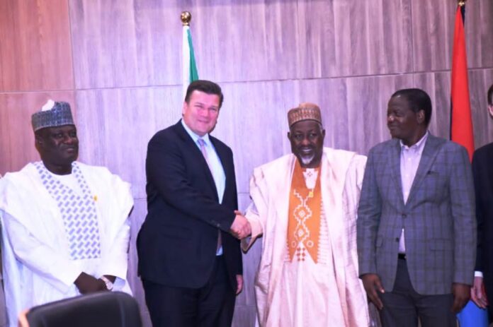 Minster of Defence, Alhaji Muhammed Badaru (2nd R), Minister of State Defence, Dr. Bello Matawalle (R), Permanent Secretary, Ministry of Defence, Dr Ibrahim Abubakar kana mni (L), United Kingdom Minister of Armed Forces, Mr. James Heappey during a courtesy visit to the Ministers of Defence in Ship House