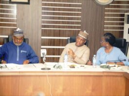 L-R: Hon Minister of State, Steel Development, H.E. Uba Maigari Ahmadu; Hon. Minister of Steel Development, Prince Shuaibu Abubakar Audu & the Permanent Secretary, Dr. Mary Ogbe: during the meeting with CEOs of Agencies under the Ministry