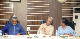 L-R: Hon Minister of State, Steel Development, H.E. Uba Maigari Ahmadu; Hon. Minister of Steel Development, Prince Shuaibu Abubakar Audu & the Permanent Secretary, Dr. Mary Ogbe: during the meeting with CEOs of Agencies under the Ministry