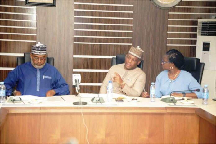 meeting with CEOs of Agencies L-R: Hon Minister of State, Steel Development, H.E. Uba Maigari Ahmadu; Hon. Minister of Steel Development, Prince Shuaibu Abubakar Audu & the Permanent Secretary, Dr. Mary Ogbe: during the meeting with CEOs of Agencies under the Ministry