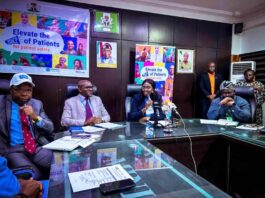 (PSH&SW), Daju Kachollom mni during the 2023 World Patient Safety Day Celebration flanked by (1st left) Alex Chimbuaya representative of WHO African Regional Director, (2nd Left) Prof. Sony Isemede (Professor of Safety & Care Quality Research) and on the (Right) Dr. Jimoh Salaudeen (DHS)