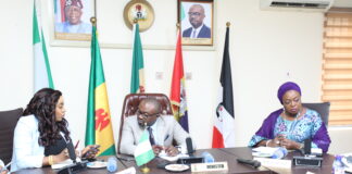 LT Honorable Minister of Humanitarian and Poverty Alleviation Dr. Betta Edu and her host Minister of Interior, Dr. Olubnmi Tunji-Ojo and Perm Sec of Interior, Dr Oluwatonyi Akinlade, during courtesy call to the Ministry of Interior.