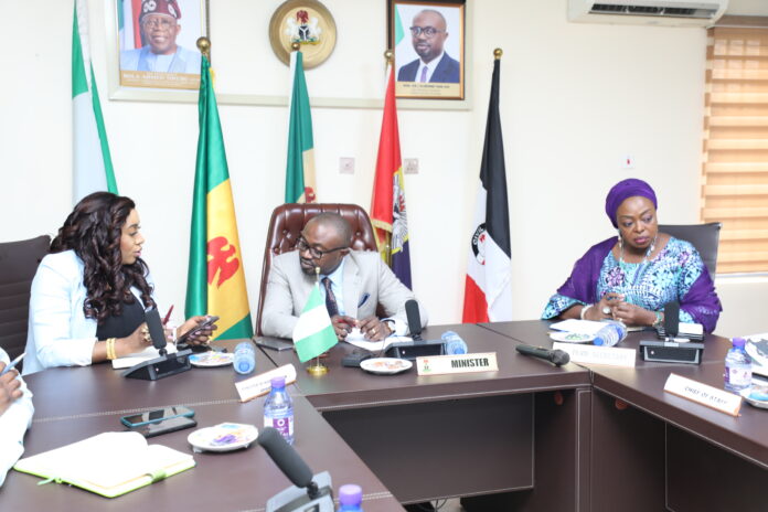 LT Honorable Minister of Humanitarian and Poverty Alleviation Dr. Betta Edu and her host Minister of Interior, Dr. Olubnmi Tunji-Ojo and Perm Sec of Interior, Dr Oluwatonyi Akinlade, during courtesy call to the Ministry of Interior.