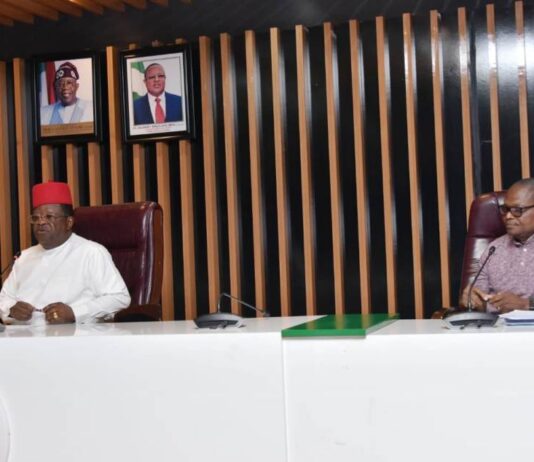 The Hon. Minister Of Works Engr. David Umahi And Director Highways North East Engr. Shausu Sevav During A Meeting With Contractors Handling Projects Under The North East Geo-Political Zone. Date: Saturday 16th September 2023