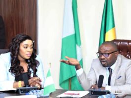 R-L, The Hon Minister of Interior, Dr Olubunmi Tunji-Ojo explaining a point during the courtesy visits by the Hon Minister of Humanitarian Affairs and Poverty Alleviation, Dr Betta Edu today in Abuja
