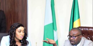 R-L, The Hon Minister of Interior, Dr Olubunmi Tunji-Ojo explaining a point during the courtesy visits by the Hon Minister of Humanitarian Affairs and Poverty Alleviation, Dr Betta Edu today in Abuja