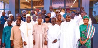 (Front-Row, 4th Right) The Honourable Minister, Federal Ministry of Information and National Orientation, Mohammed Idris, (3rd Right) Zonal Chairman North Central APC, Hon. Mauzu Bawa, and other party executives during a Courtesy to the Minister, on 14th September 2023, in Abuja.