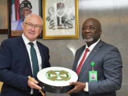 L-R, The Ireland, Ministry for Agriculture, Food and Marine, Mr. Brendan Gleeson and Permanent Secretary, FMAFS, Dr. Ernest Umakhihe during the Courtesy Visit by the Irish Secretary General.
