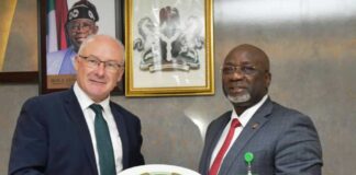 L-R, The Ireland, Ministry for Agriculture, Food and Marine, Mr. Brendan Gleeson and Permanent Secretary, FMAFS, Dr. Ernest Umakhihe during the Courtesy Visit by the Irish Secretary General.