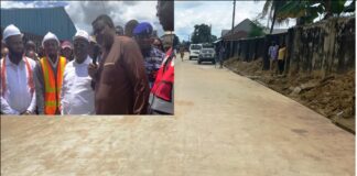 In the middle in plain white shirt and facecap is the Hon Minister of Works H E. Sen ( Engr) David Nweze Umahi listening to Governor of Cross River State Senator Prince Bassey Otu as he made his remarks on the concrete road during their joint inspection yesterday