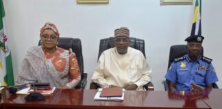 L-R: Minister of State, Hajia Imaan Sulaiman-Ibrahim; Honourable Minister of Police Affairs, Senator Ibrahim Gaidam; Ag. Inspector General of Police, IGP Kayode Egbetokun and DIGs during the official briefing by the Ag. Inspector General of Police at the Ministry’s Headquarters in Abuja.