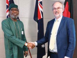 Minister of Mines, Petroleum, Energy, Corrective Services and Industrial Relations, Western Australia, Hon. Bill Johnston receiving Nigeria's Minister of Solid Minerals, Mr. Dele Alake in his office in Perth, Australia on Wednesday