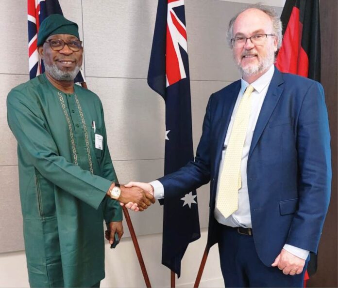 Dele Alake in his office in Perth Minister of Mines, Petroleum, Energy, Corrective Services and Industrial Relations, Western Australia, Hon. Bill Johnston receiving Nigeria's Minister of Solid Minerals, Mr. Dele Alake in his office in Perth, Australia on Wednesday