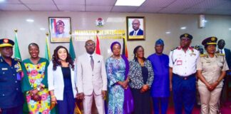 Minister of Humanitarian Affairs and Poverty Alleviation, Dr Betta Edu (Middle), with her Counterpart from the Interior Ministry,Hon Olubunmi Tunji-Ojo, during a her Courtesy visit on the Interior Minister at the Old Secretariat Complex, Area 1 office, in Abuja ,Tuesday,12/09/23.