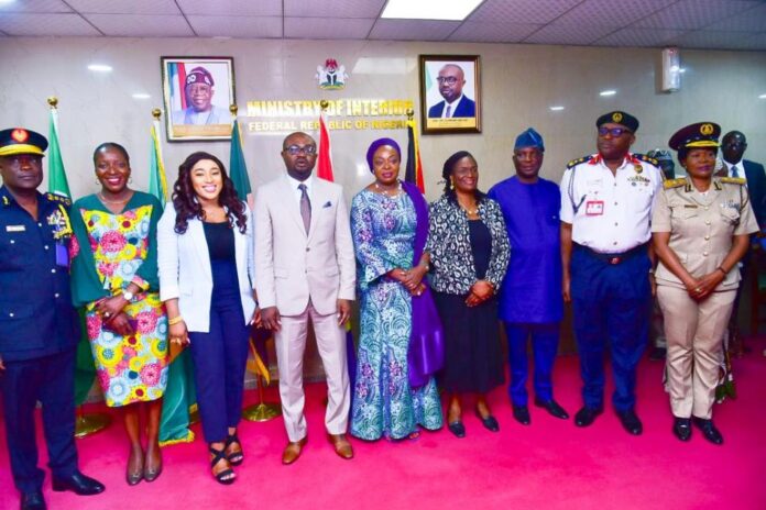 Dr Betta Edu with Interior Ministry2 Minister of Humanitarian Affairs and Poverty Alleviation, Dr Betta Edu (Middle), with her Counterpart from the Interior Ministry,Hon Olubunmi Tunji-Ojo, during a her Courtesy visit on the Interior Minister at the Old Secretariat Complex, Area 1 office, in Abuja ,Tuesday,12/09/23.