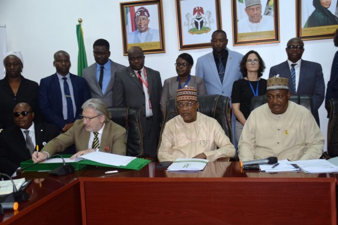 European Union and INTERPOL2 L-R Seated: Assistant Inspector General of Police (INTERPOL) AIG Lanre Bankole; Head of Politics, Press and Information Section European Union (ECOWAS/Nigeria) Zissimos VERGOS; Minister of Police Affairs, Senator Ibrahim Gaidam, Permanent Secretary, Dr. Nasir Sani-Gwarzo; Head of Regional Security Division ECOWAS Commission, Colonel Abdourahmane Dieng and others from ECOWAS, European Union and INTERPOL during their visit to the Headquarters of the Ministry of Police Affairs Abuja.
