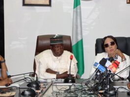 Honourable Minister of Labour and Employment, Solomon Lalong, CON (3rd right); Honourable Minister of State, Labour and Employment, Hon. Nkeiruka Onyejeocha, OON (2nd right); NLC President, Joe Ajaero (right); Director, Trade Union Services and Industrial Relations, Emmanuel Igbinosun (2nd left) during the meeting of the ministers with the leadership of NLC, Abuja