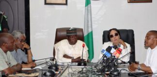 Honourable Minister of Labour and Employment, Solomon Lalong, CON (3rd right); Honourable Minister of State, Labour and Employment, Hon. Nkeiruka Onyejeocha, OON (2nd right); NLC President, Joe Ajaero (right); Director, Trade Union Services and Industrial Relations, Emmanuel Igbinosun (2nd left) during the meeting of the ministers with the leadership of NLC, Abuja
