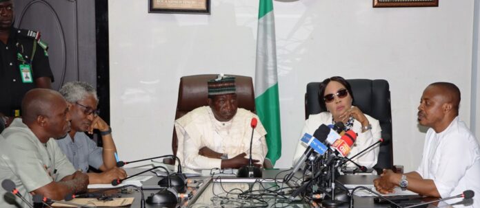 FGV Honourable Minister of Labour and Employment, Solomon Lalong, CON (3rd right); Honourable Minister of State, Labour and Employment, Hon. Nkeiruka Onyejeocha, OON (2nd right); NLC President, Joe Ajaero (right); Director, Trade Union Services and Industrial Relations, Emmanuel Igbinosun (2nd left) during the meeting of the ministers with the leadership of NLC, Abuja