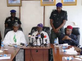 The Honourable Minister of Water Resources and Sanitation, Engr. Joseph Terlumun Utsev,(middle), the Honourable Minister of State, Bello Muhammad Goronyo (L) and the DG of NIHSA, Engr Clement Nze (R)