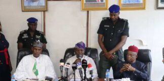 The Honourable Minister of Water Resources and Sanitation, Engr. Joseph Terlumun Utsev,(middle), the Honourable Minister of State, Bello Muhammad Goronyo (L) and the DG of NIHSA, Engr Clement Nze (R)