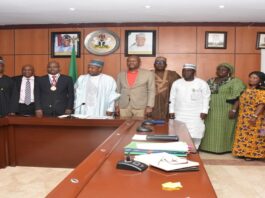 Pictures of (Centre)His Excellency, Senator Abubakar Bagudu, Minister for Budget and Economic Planning, flanked by Mr Innocent Okwuosa , President, Chartered Institute of Accountants of Nigeria(5th-L), other ICAN delegates and director's from the Ministry, during a courtesy visit, in Abuja.