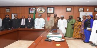 Pictures of (Centre)His Excellency, Senator Abubakar Bagudu, Minister for Budget and Economic Planning, flanked by Mr Innocent Okwuosa , President, Chartered Institute of Accountants of Nigeria(5th-L), other ICAN delegates and director's from the Ministry, during a courtesy visit, in Abuja.