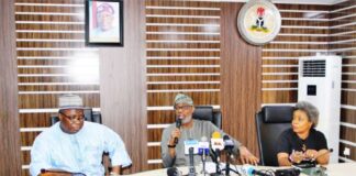 Maiden Press Conference By the Hon. Min. of Solid Minerals Devpt. Mr Dele Alake: supported on his right by the representative of the Permanent Secretary; Mr Mohammed Suleiman mni; (Director, Human Resource Management Dept); on his Left is the Director, Mines Environmental Compliance Dept., Dr Vivian Okono