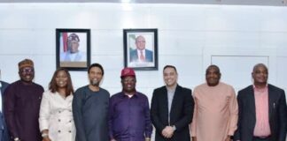 Middle, The Hon. Minister Of Works Engr. David Umahi, 2nd Right, The Director Highways Construction and Rehabilitation Engr. F.B Esan, 3rd Left, CEO MTN Nigeria Karl Toriola and Others During A Meeting With The Minister At The Ministry's Conference Room. Today 12th September, 2023