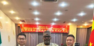 The Minister of State, Ministry of Steel Development, HIs Excellency, Uba Maigari Ahmadu, (M) with Mr Guo Pengwen, Commercial Counsellor, Chinese Embassy, (L) and Chief Eric Ni, Chairman, China Industrial and Commerce Enterprise Association (R) at the Mid Autumn Festival and Chinese National Day Celebration held on Friday, 22nd September 2023 in Lagos.