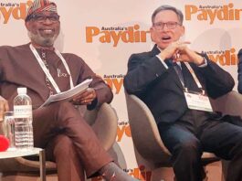 Minister of Solid Minerals, Mr. Oladele Alake discussing investment in mining in Nigeria with Managing Director, Basin Nigeria Limited, Dr.Steven Davies during the fourth session of the Africs Down Under mining conference in Perth, Austrralia on Wednesday.