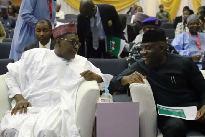 Ministerial Briefing (Coordinating Minister of Health & Social Welfare) Prof. Muhammad Ali Pate and the (Minister of State for Health & Social Welfare) Dr. Tunji Alausa in a conversation at the Ministerial Briefing
