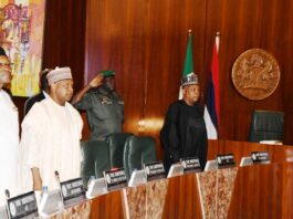 Permanent Secretary, Ministry of Budget and Economic Planning, Nebeolisa Anako; Minister of Budget and Economic Planning , Sen. Abubakar Atiku Bagudu and Vice President Kashim Shettima during National Economic Council at the Presidential Villa in Abuja on Thursday (28/9/23).