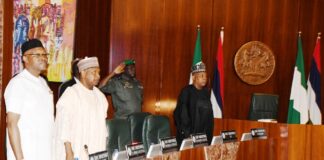 Permanent Secretary, Ministry of Budget and Economic Planning, Nebeolisa Anako; Minister of Budget and Economic Planning , Sen. Abubakar Atiku Bagudu and Vice President Kashim Shettima during National Economic Council at the Presidential Villa in Abuja on Thursday (28/9/23).
