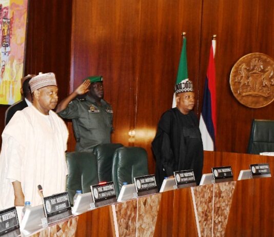 Permanent Secretary, Ministry of Budget and Economic Planning, Nebeolisa Anako; Minister of Budget and Economic Planning , Sen. Abubakar Atiku Bagudu and Vice President Kashim Shettima during National Economic Council at the Presidential Villa in Abuja on Thursday (28/9/23).