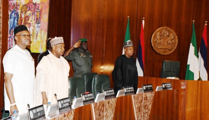 National Economic Council Permanent Secretary, Ministry of Budget and Economic Planning, Nebeolisa Anako; Minister of Budget and Economic Planning , Sen. Abubakar Atiku Bagudu and Vice President Kashim Shettima during National Economic Council at the Presidential Villa in Abuja on Thursday (28/9/23).