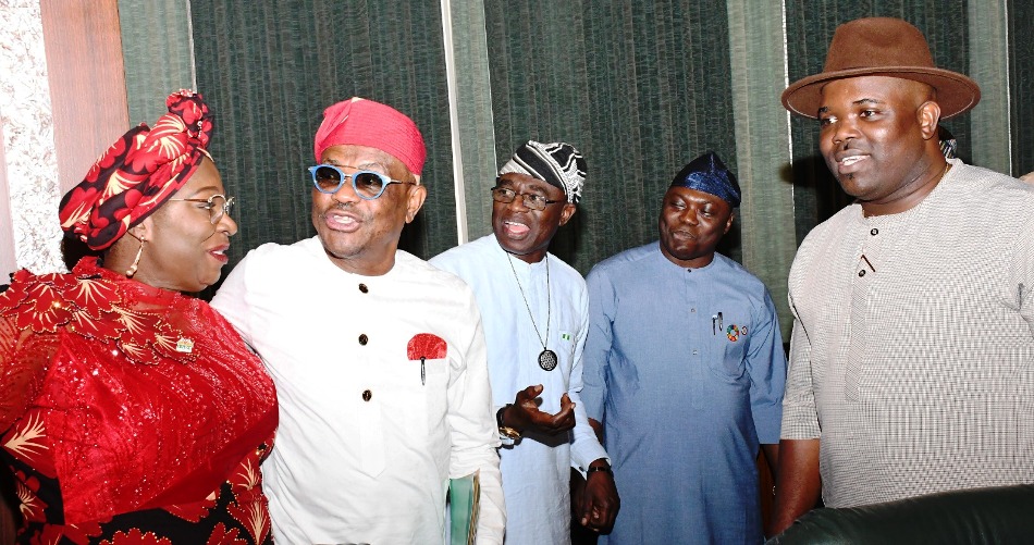 From left. Deputy Governor of Akwa Ibom State, Dr. Akon Eyakenyi ; Minister of FCT, Nyesom Wike ; Governor of Benue State, Hyacinth Alia; Governor of Taraba State, Agbu Kefas and Deputy Governor of Abia State, Ikechukwu Emetu during National Economic Council at the Presidential Villa in Abuja on Thursday (28/9/23).
