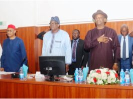 L-R, Emir of Jiwa; AlhajiIdris Musa, Permanent secretary Ministry Aviation and AerospaceDevelopment; Dr. Emmanuel Meribole, Permanent secretary Federal capital Development Authority; OlusadeOlusola and the Minister of Federal capital Territory; WilsomWike at the 2ND Runway Stakeholder Meeting in Abuja.