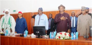 L-R, Emir of Jiwa; AlhajiIdris Musa, Permanent secretary Ministry Aviation and AerospaceDevelopment; Dr. Emmanuel Meribole, Permanent secretary Federal capital Development Authority; OlusadeOlusola and the Minister of Federal capital Territory; WilsomWike at the 2ND Runway Stakeholder Meeting in Abuja.