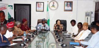 Hon. Minister of Labour and Employment, Simon Bako Lalong, CON (6th left); Hon. Minister of State, Labour and Employment, Nkeiruka Onyejeocha, OON (5th right); Director Overseeing the Office of the Permanent Secretary, Juliana Adebambo (5th left); President, Trade Union Congress, Comrade Festus Osifo (4th right) with Directors of the Ministry and TUC leaders during the Union leaders' meeting with the Ministers, Abuja